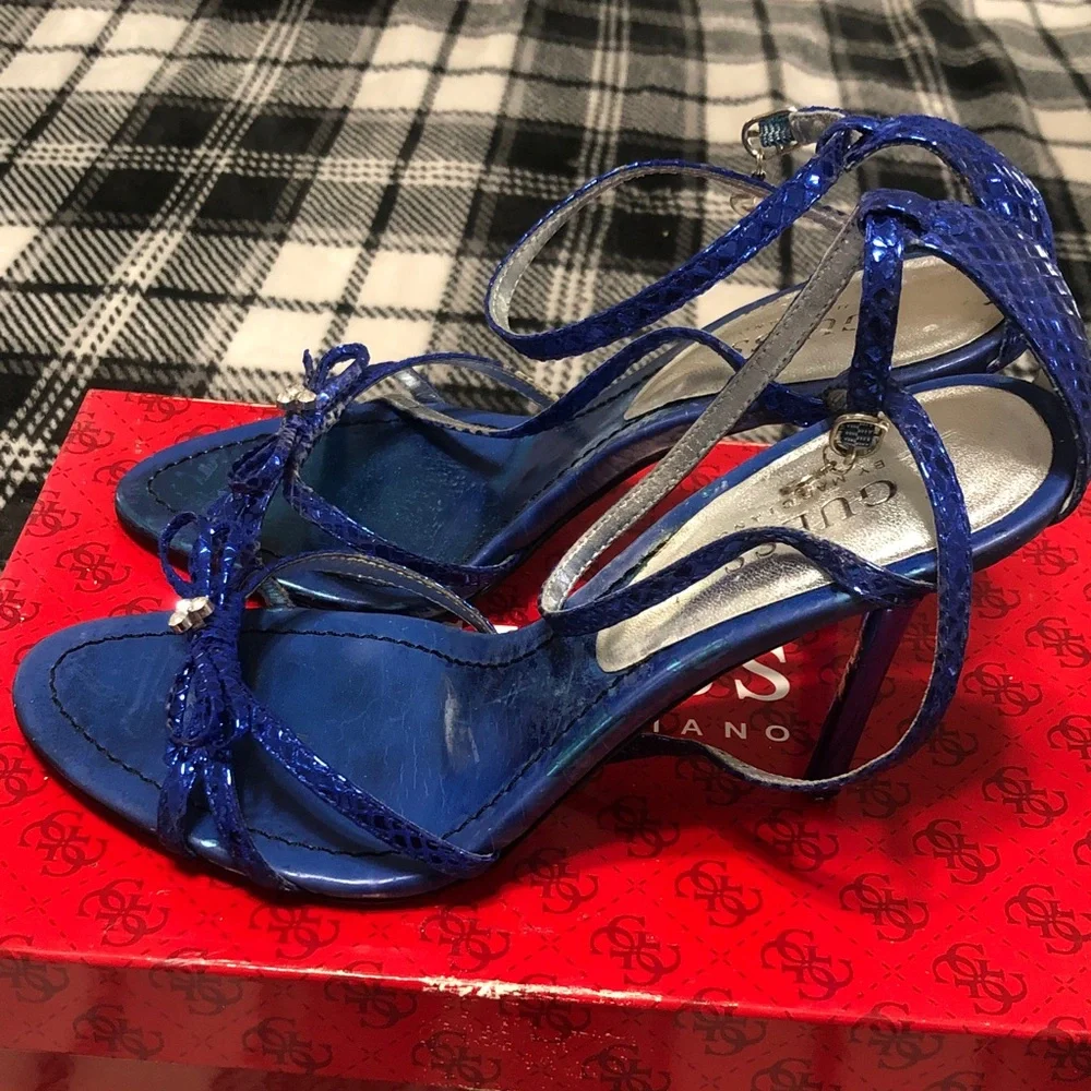 Guess by Marciano Metallic Cobalt Blue Strappy Heels with Bow